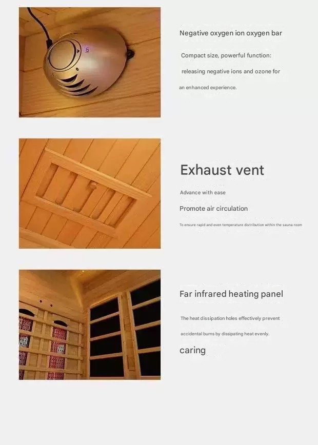 Interior of multi‑person infrared sauna with carbon panels and tiered benches